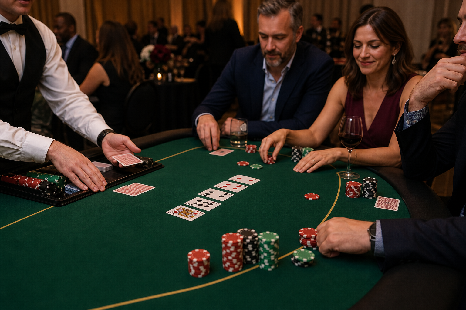 Goście przy profesjonalnym stole pokerowym